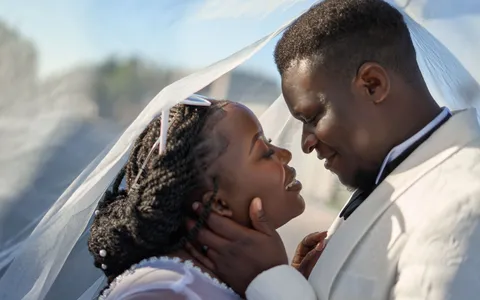 A smiling bride and groom face each other beneath the bride's flowing veil