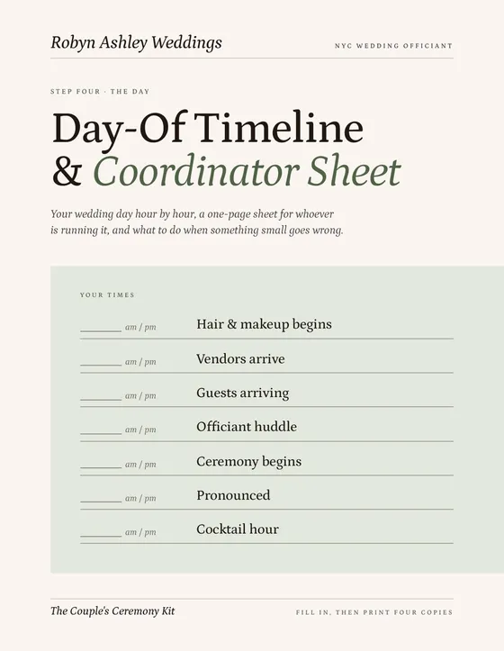 The real cover of the Day-Of Timeline and Coordinator Sheet from the kit