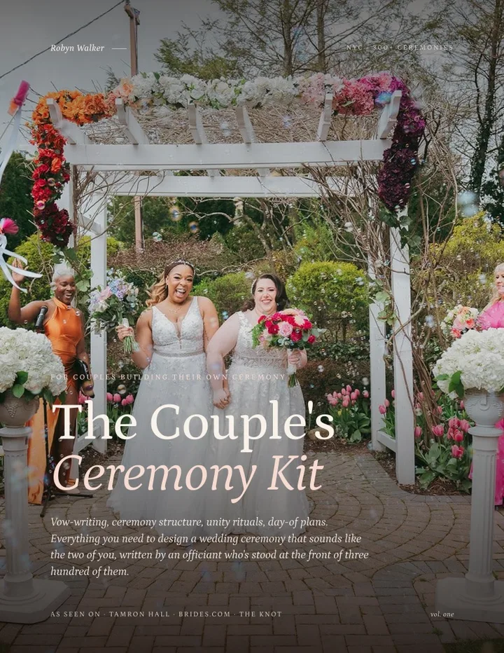 The real cover of The Couple's Ceremony Kit: two brides walking back up the aisle beneath the title