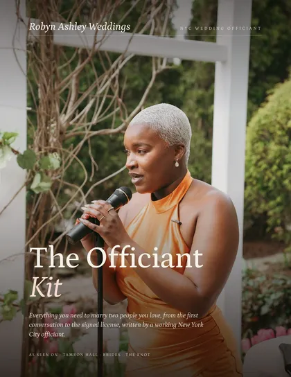 The cover of The Officiant Kit: Robyn at a garden altar with a microphone, under the title