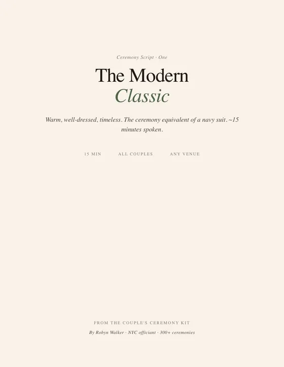 The real cover of The Modern Classic ceremony script from the kit