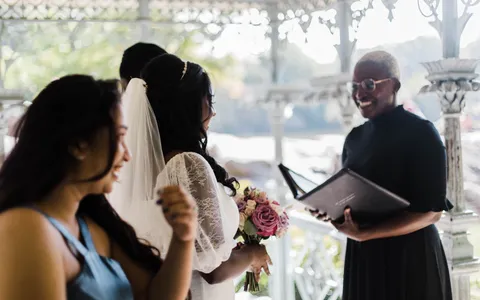 A couple during a Central Park wedding ceremony