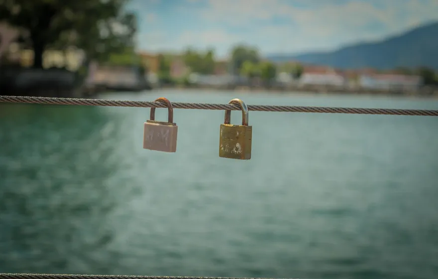 Two brass padlocks locked side by side onto a wire cable above a lake, a shoreline and hills blurred behind them